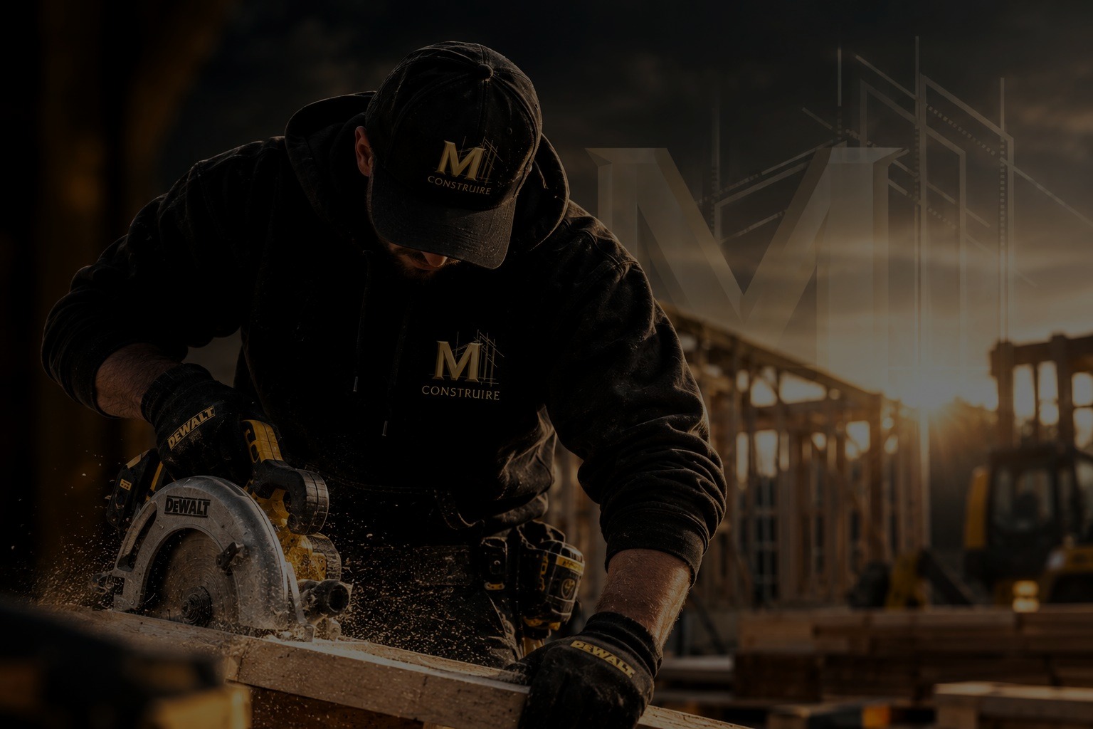 Charpentier de M. Construire sur un chantier à Sherbrooke au coucher du soleil